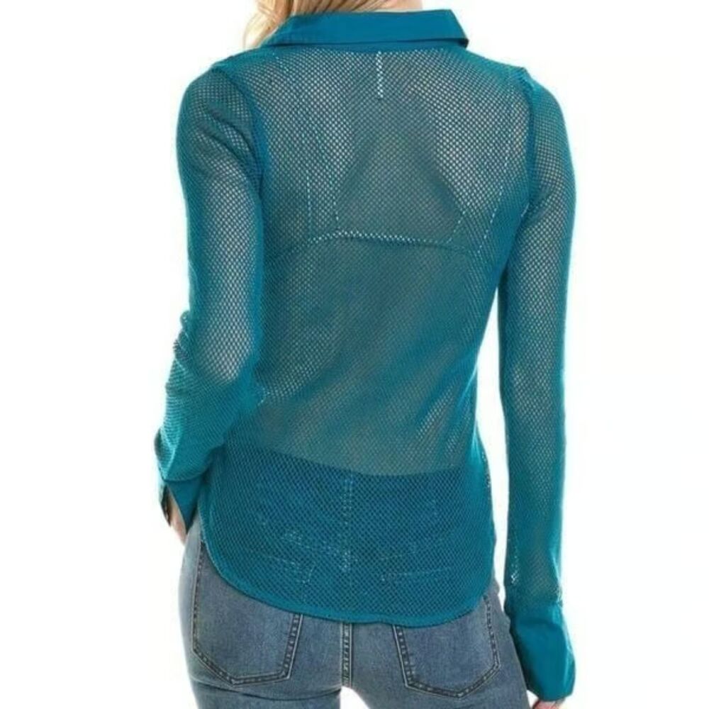 Free People Siggi Button Down Mesh Cotton Shirt Teal Blue Green - Picture 4 of 9